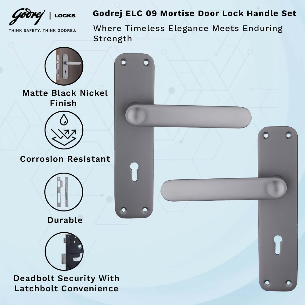 Godrej Mortise Lock I Door Handle Set | ELC 09 | 6-Lever Locking Mechanism | Reversible Latch | for Wooden Doors (Matte Black Nickel) | 5 Years Warranty